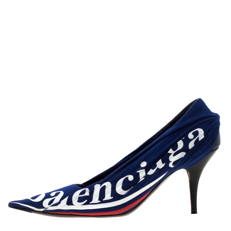 

Balenciaga Blue Fabric And Leather Knife Logo Pointed Toe Pumps Size