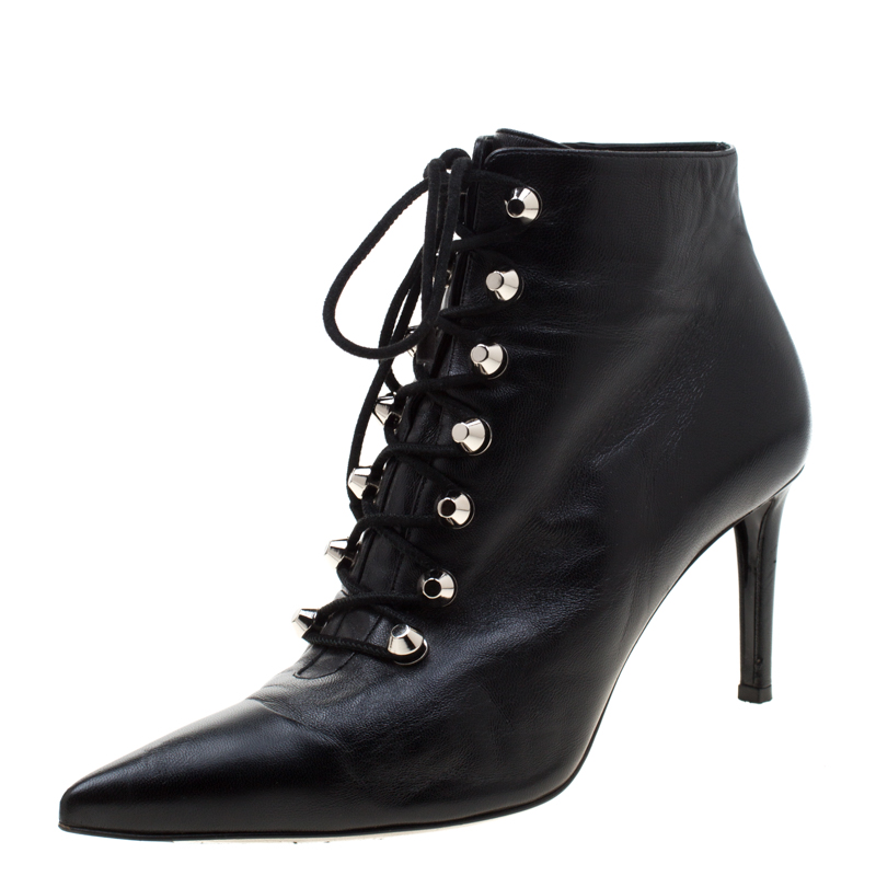 Balenciaga Black Leather Pointed Toe Lace Up Ankle Boots Size 40 ...