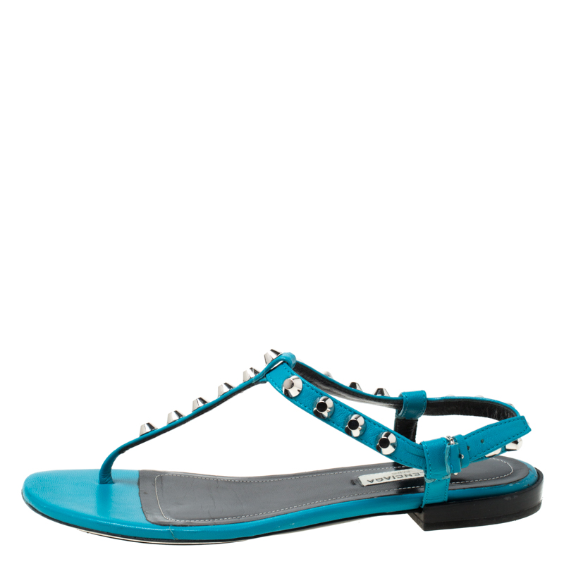 

Balanciaga Aquamarine Blue Leather Studded T Strap Flats Size