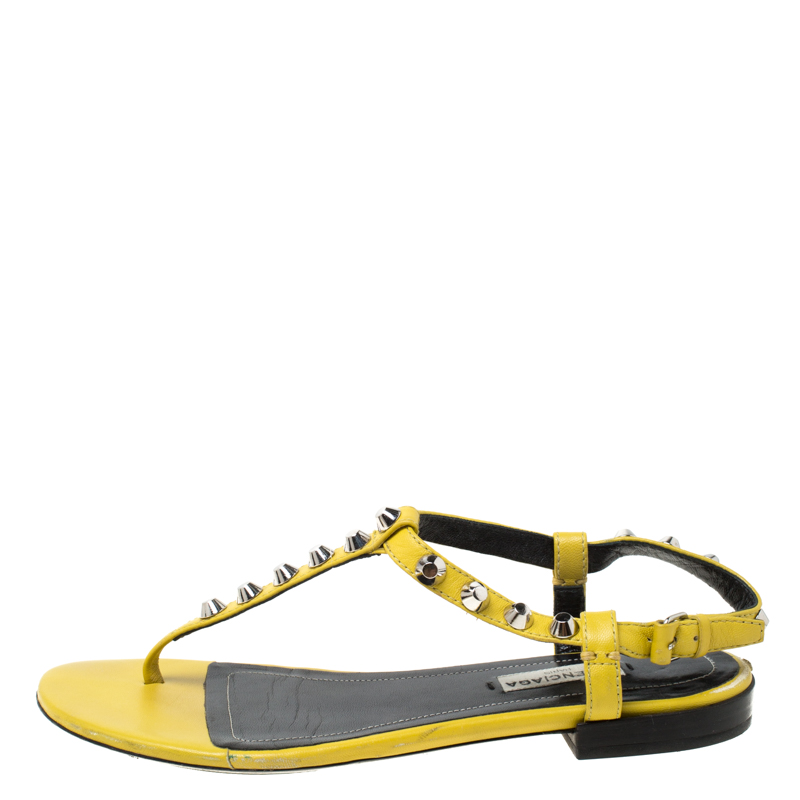 

Balenciaga Yellow Leather Studded T Strap Flat Sandals Size