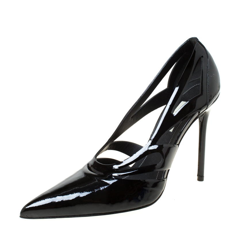 Balenciaga Black Patent Leather Spider Laser Cut Pointed Toe Pumps Size ...