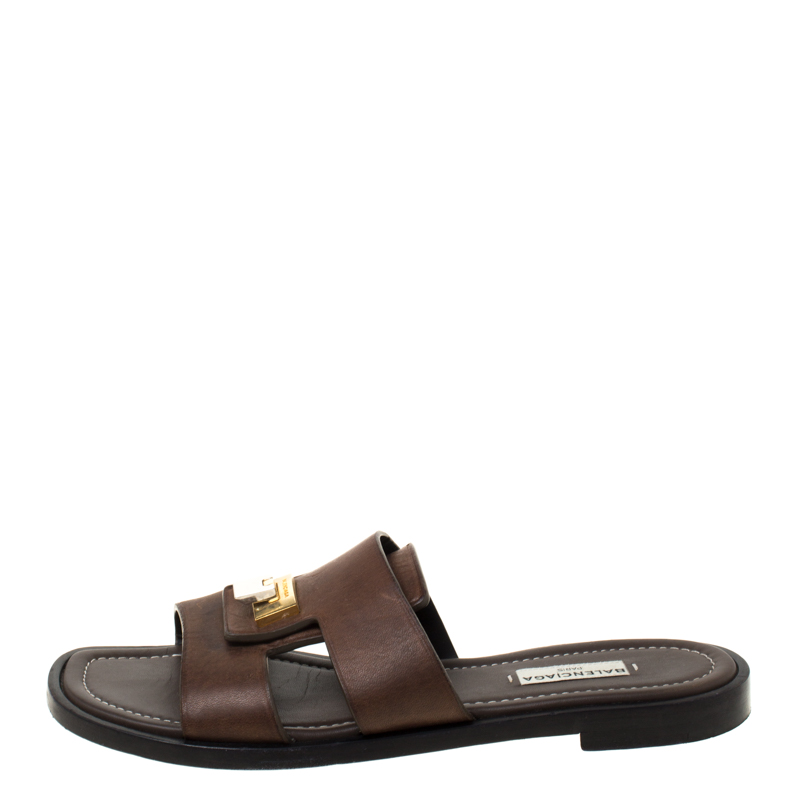 

Balenciaga Dark Brown Leather Flip Lock Flat Slide Sandals Size