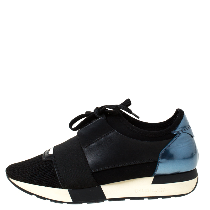 

Balenciaga Black/Blue Leather And Mesh Race Runners Sneakers Size