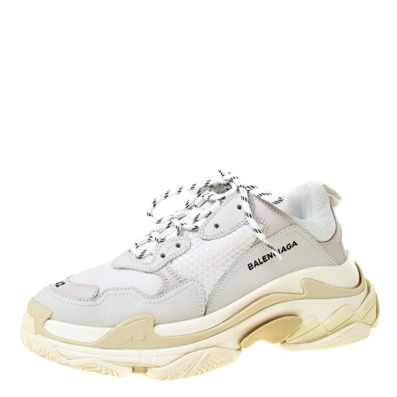 Balenciaga White/Grey Mesh And Leather Triple S Platform Sneakers Size ...
