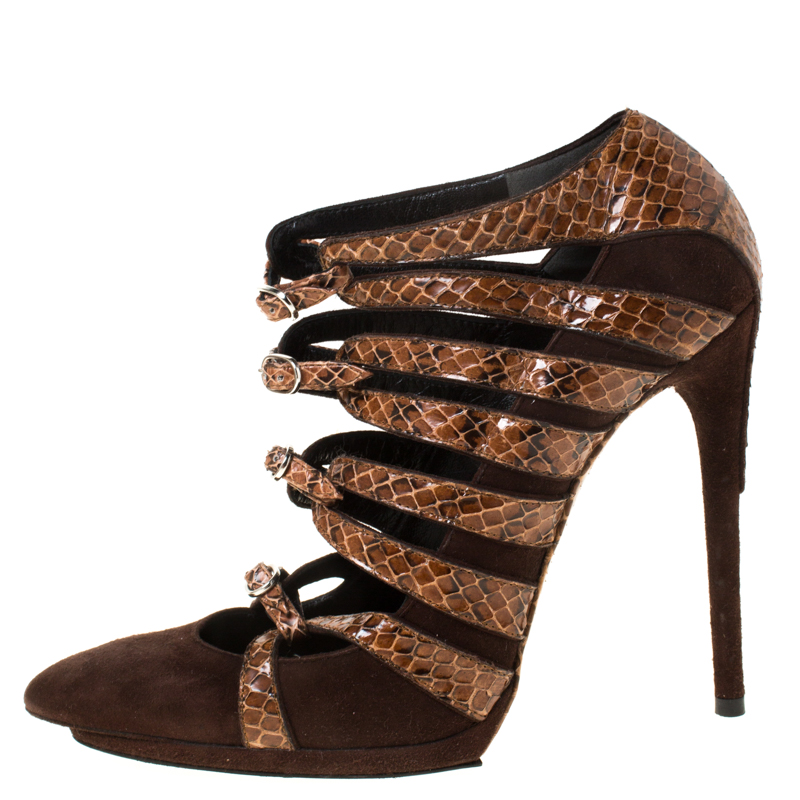 

Balenciaga Brown Suede And Python Leather Strappy Pointed Toe Pumps Size