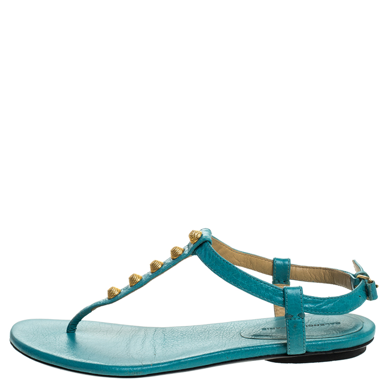 

Balenciaga Turquoise Studded Leather Arena Thong Sandals Size, Green