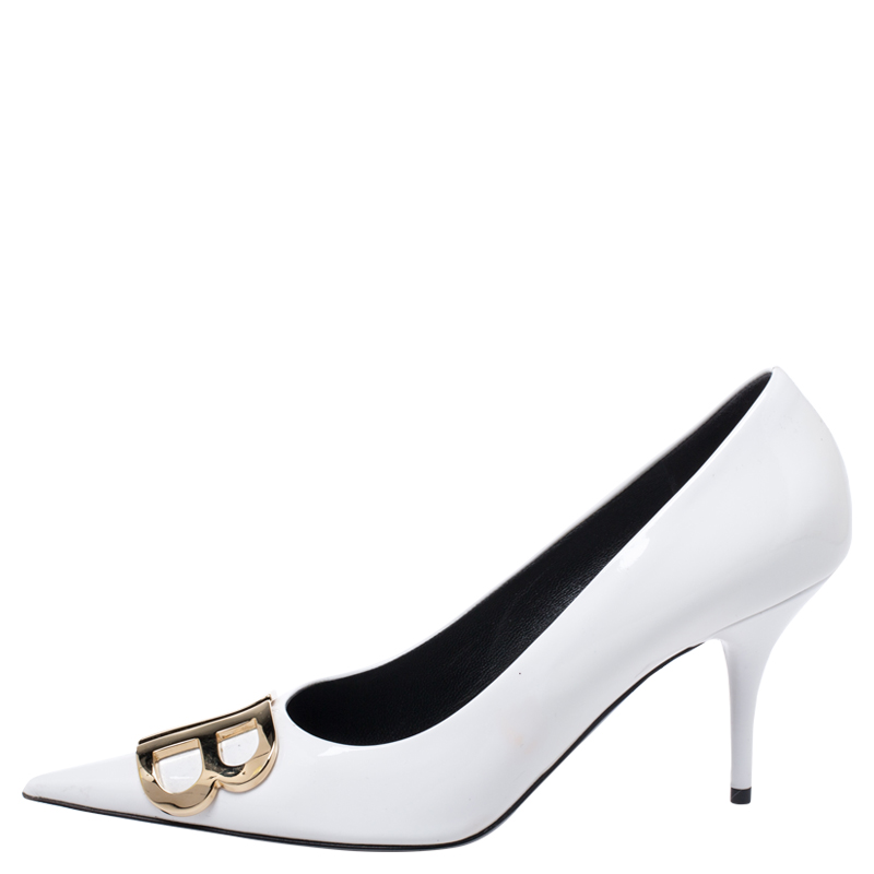 

Balenciaga White Patent Leather BB Pointed Toe Pumps Size