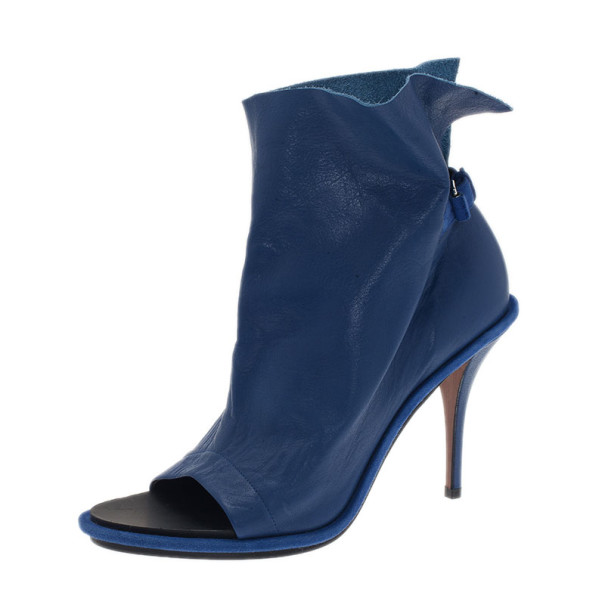 Pre Owned Balenciaga Blue Leather Glove Ankle Boots Size 40