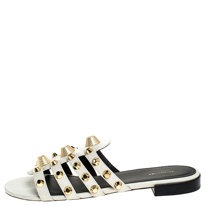 

Balenciaga White Leather Studded Strappy Flat Sandals Size