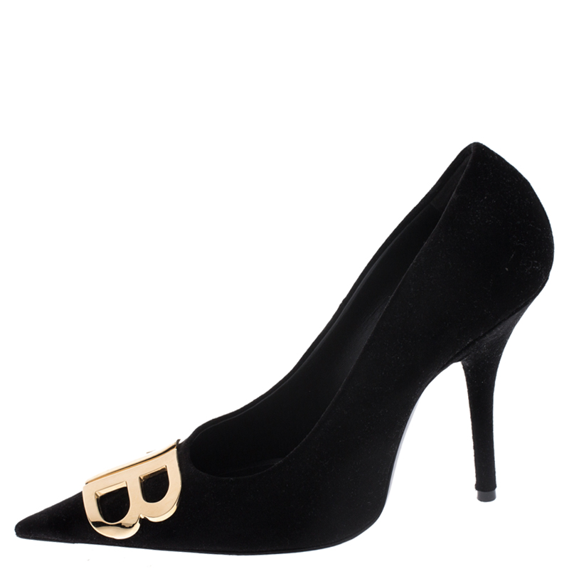 

Balenciaga Black Velvet BB Pointed Toe Pumps Size