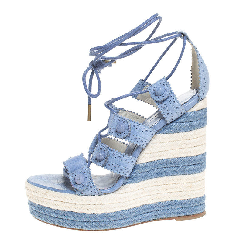 

Balenciaga Blue Leather Brogue Lace Up Espadrille Platform Wedge Sandals Size