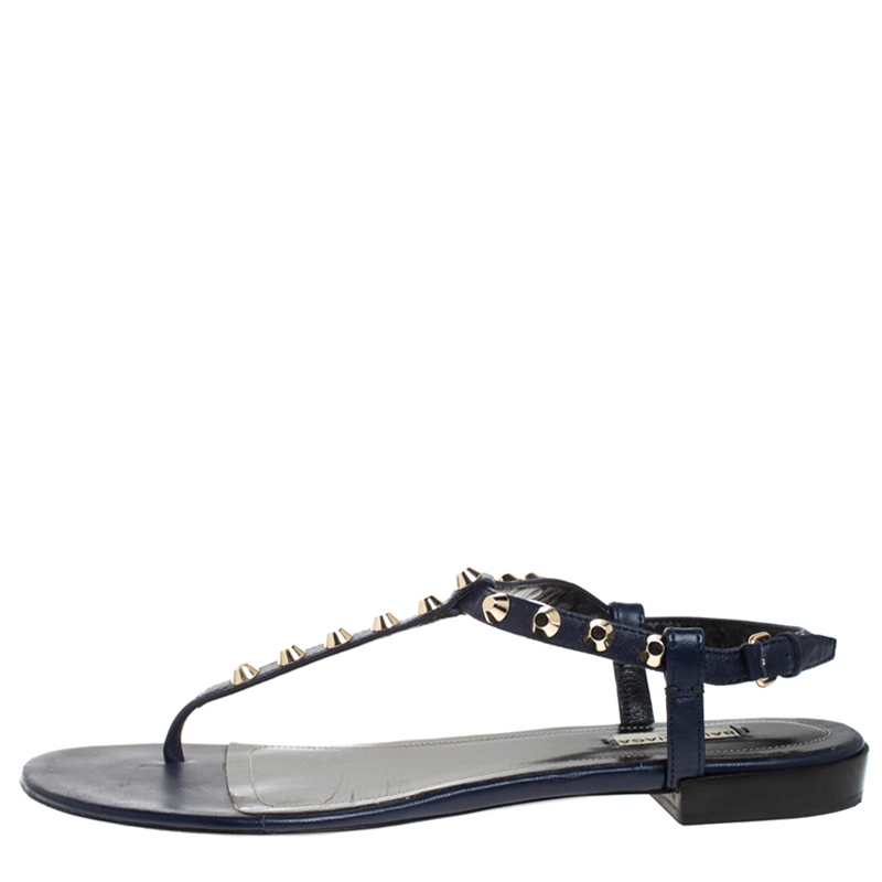 

Balenciaga Blue Leather Studded Thong Flat Sandals Size
