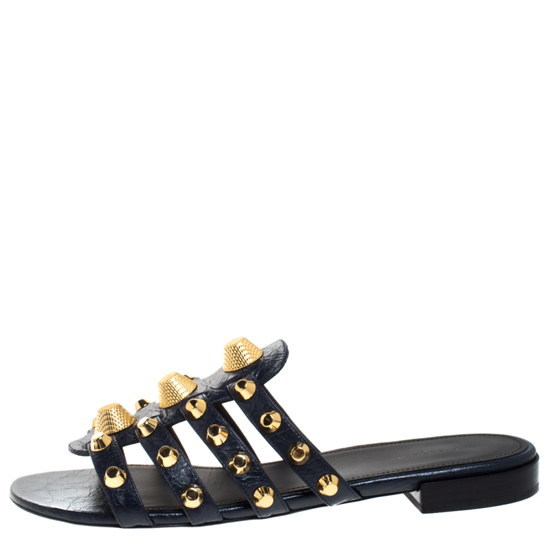 

Balenciaga Blue Leather Arena Studded Strappy Flats Size