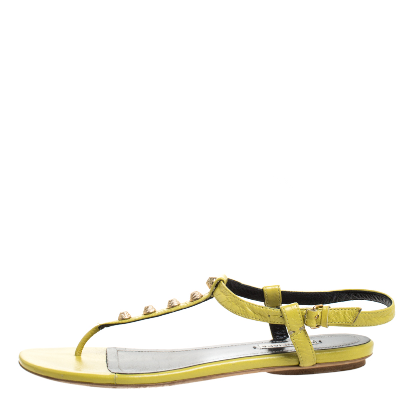 

Balenciaga Lime Leather Giant Gold T Strap Flat Sandals Size, Green