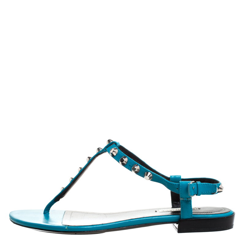 

Balenciaga Teal/Black Leather Studded T Strap Flat Sandals Size, Multicolor