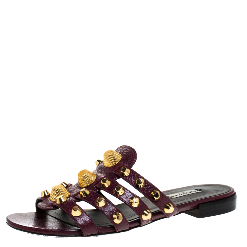 Pre Owned Balenciaga Burgundy Leather Arena Flat Slides Size 39