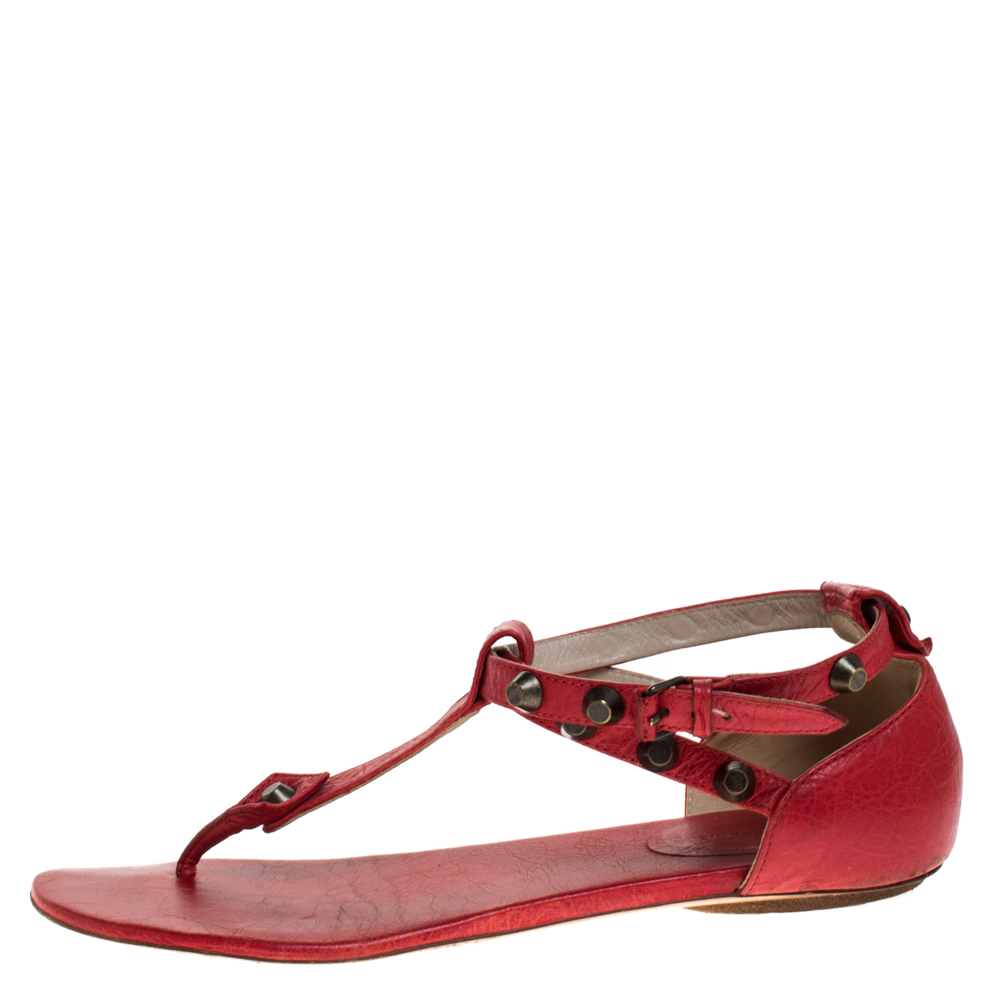 

Balenciaga Red Leather Arena Studded Thong Sandals Size