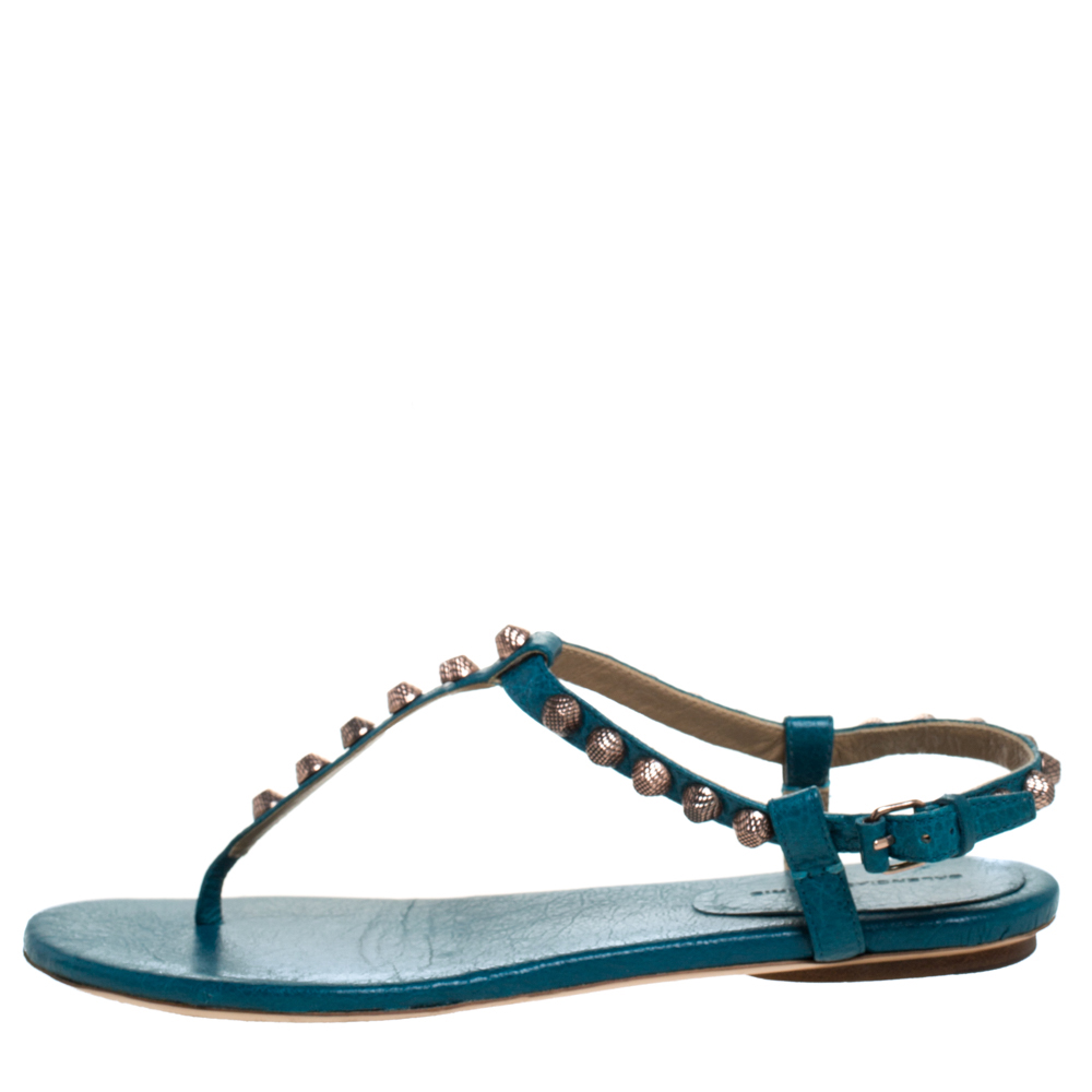 

Balenciaga Blue Studded Leather Arena Thong Sandals Size
