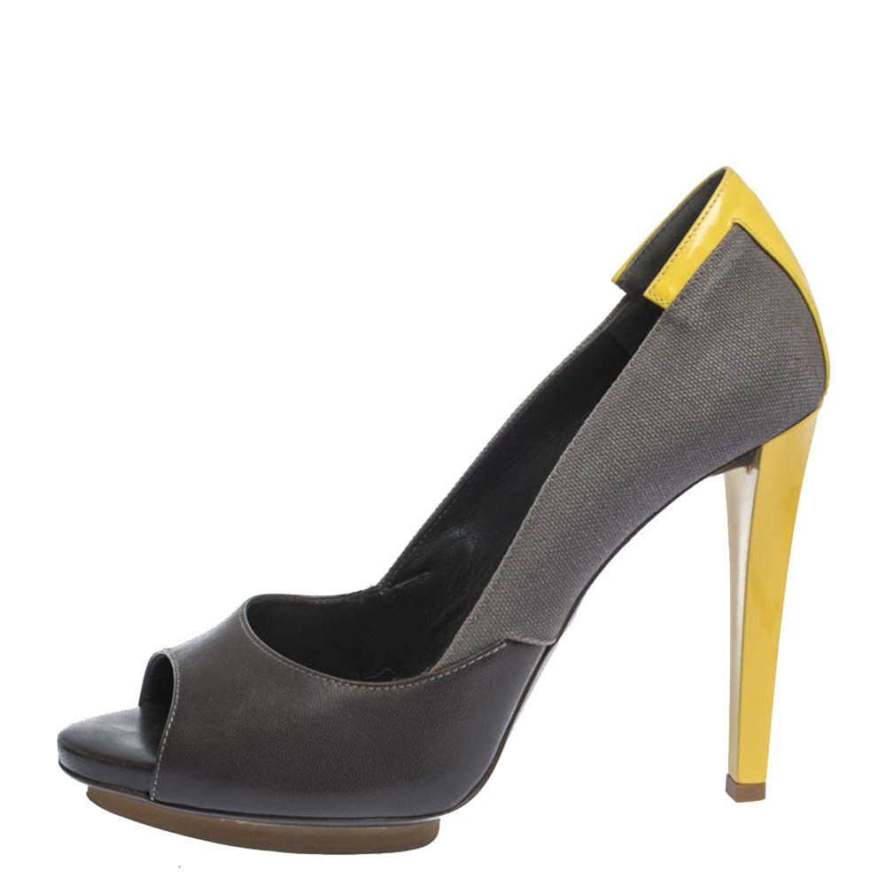 

Balenciaga Grey/Yellow Canvas and Leather Peep Toe Pumps Size