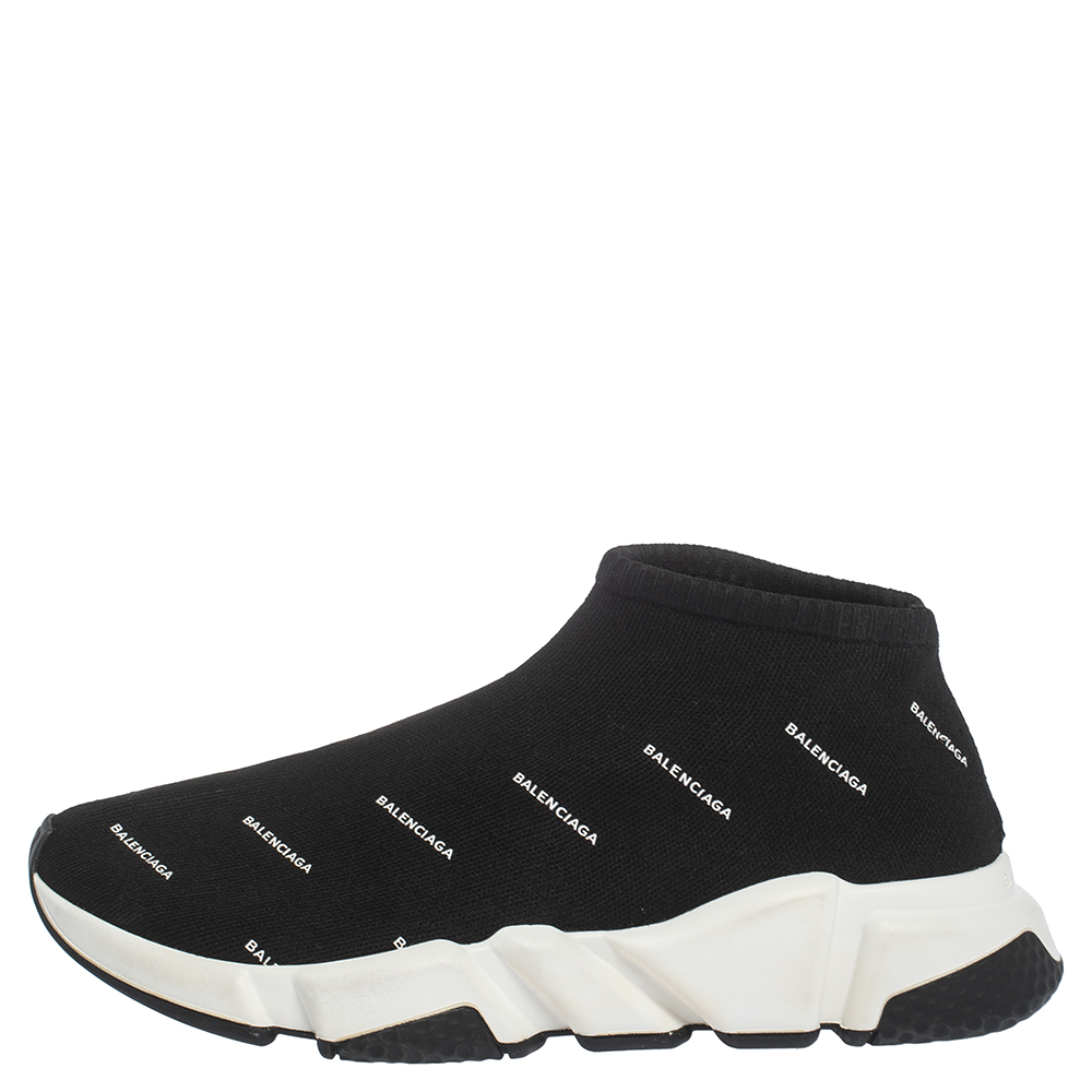 

Balenciaga Black Logo Print Knit Speed Trainer Sneakers Size