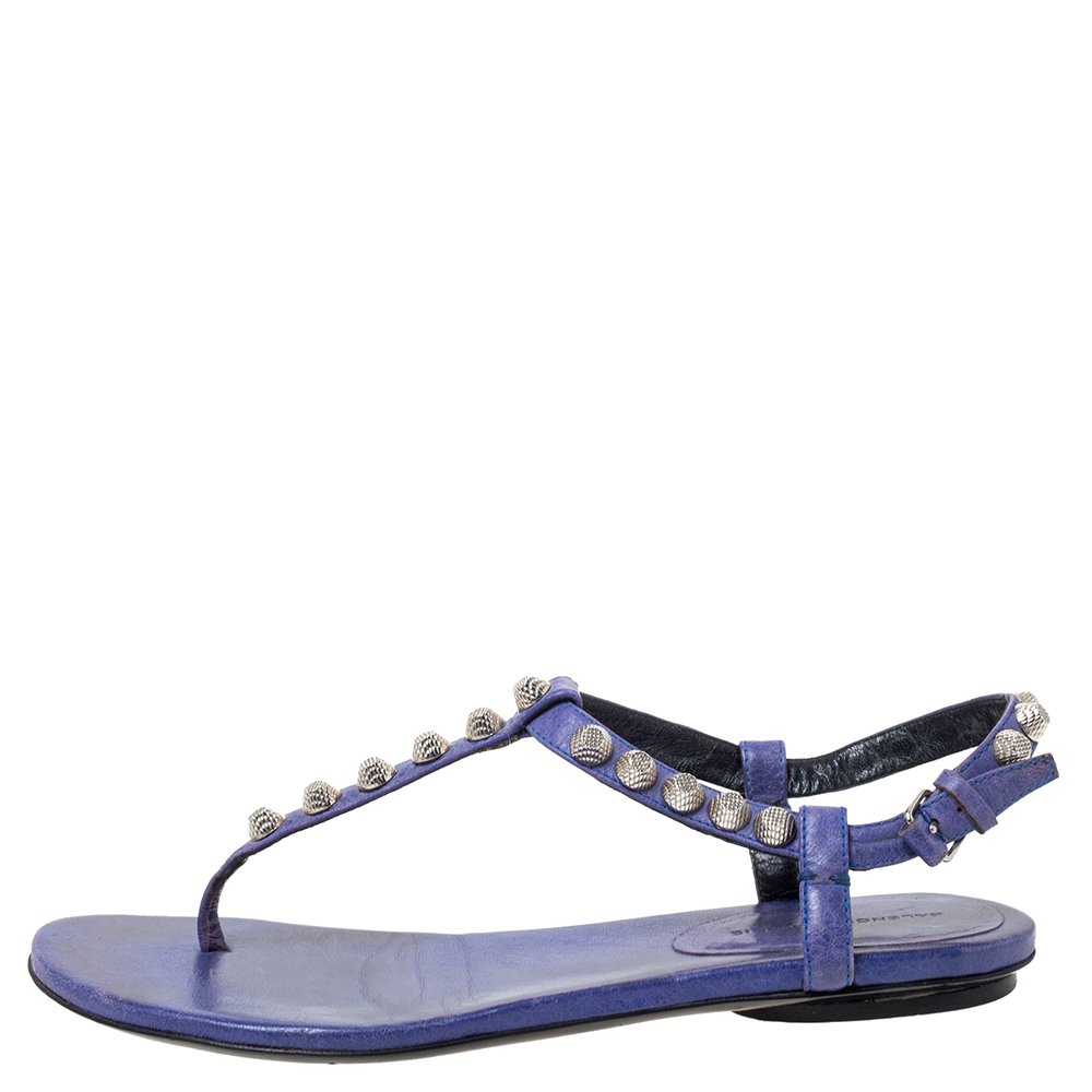 

Balenciaga Purple Leather Studded Ankle Strap Flat Sandals Size