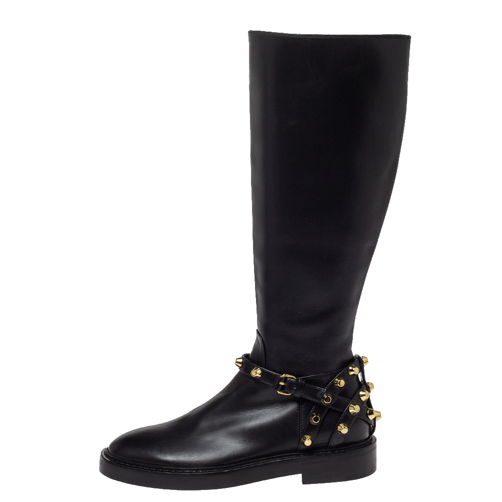 

Balenciaga Black Leather Classic Studded Knee High Boots Size