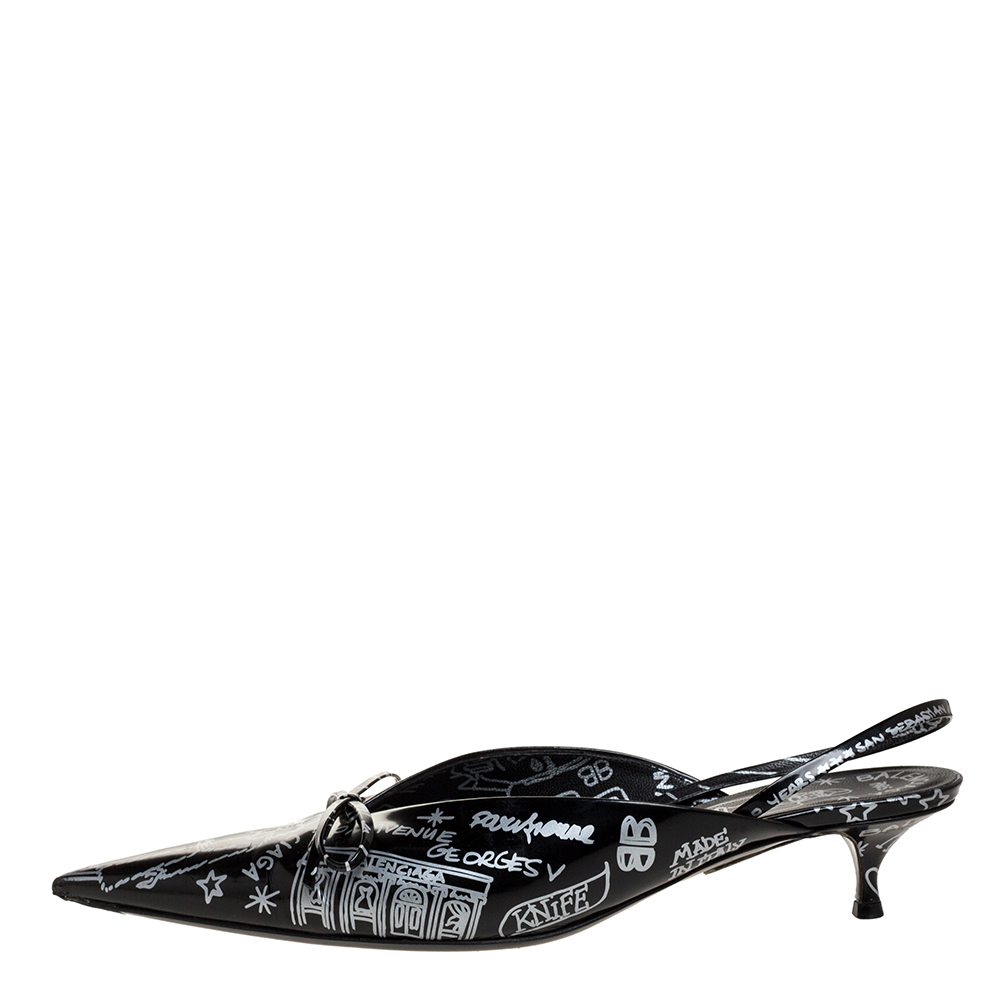 

Balenciaga Black Leather Bow Printed Slingback Sandals Size
