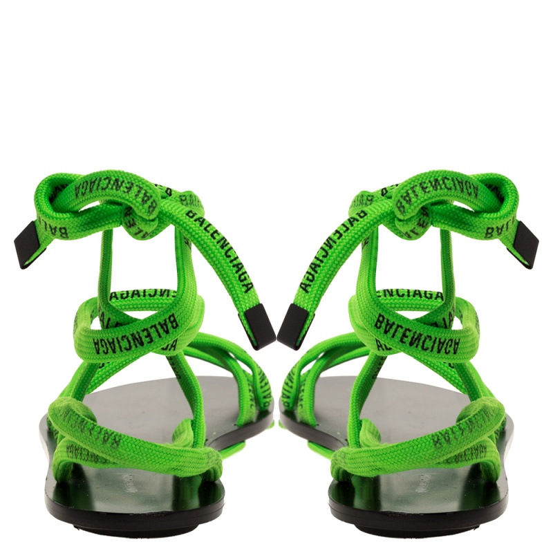 

Balenciaga Green Fabric Logo Ankle Wrap Flat Sandals Size