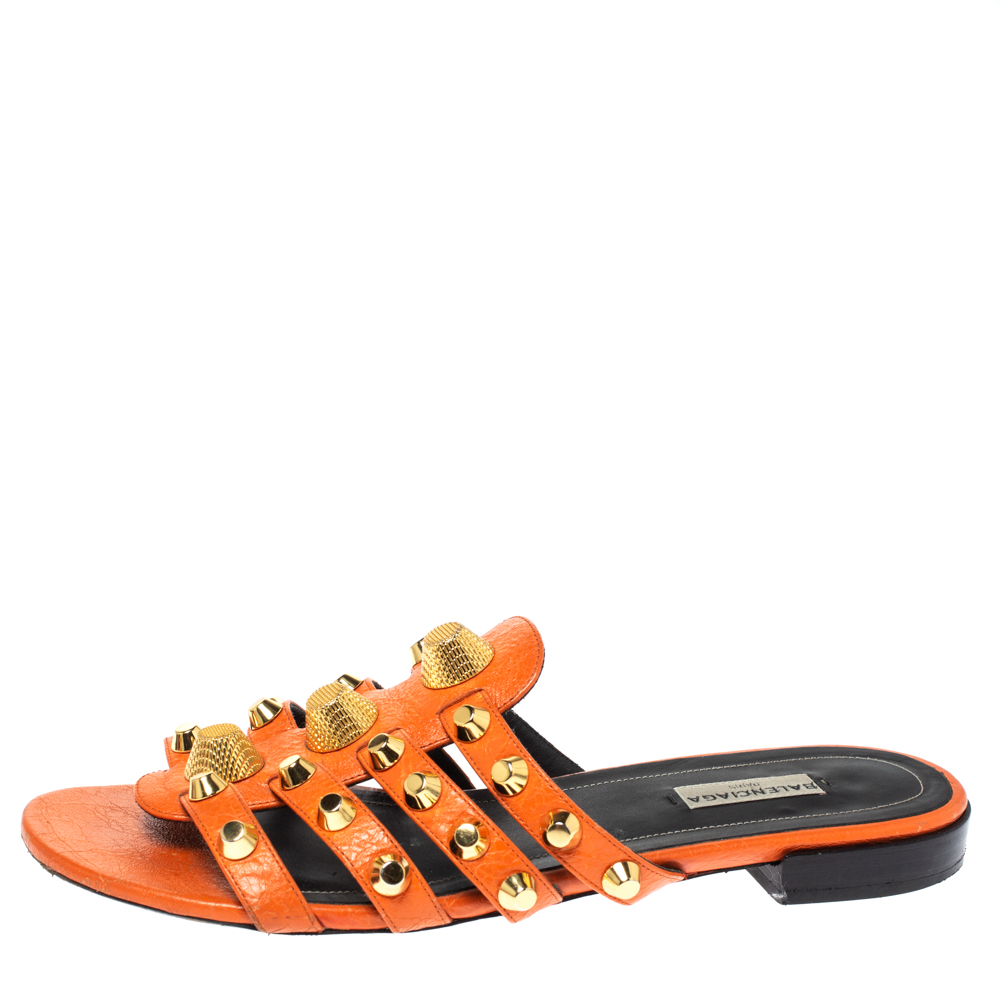 

Balenciaga Orange Studded Leather Arena Strappy Flat Slides Size