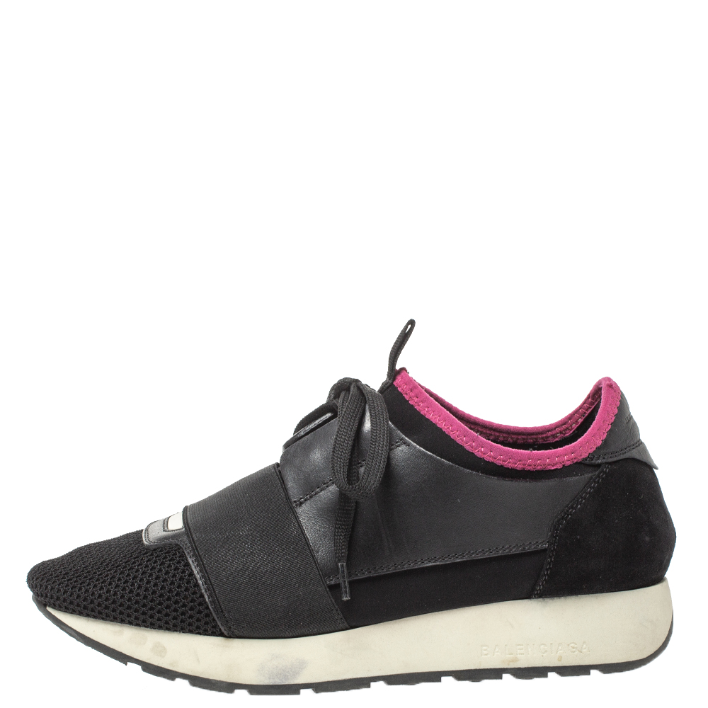 

Balenciaga Black Mesh And Leather Race Runner Low Top Sneakers Size