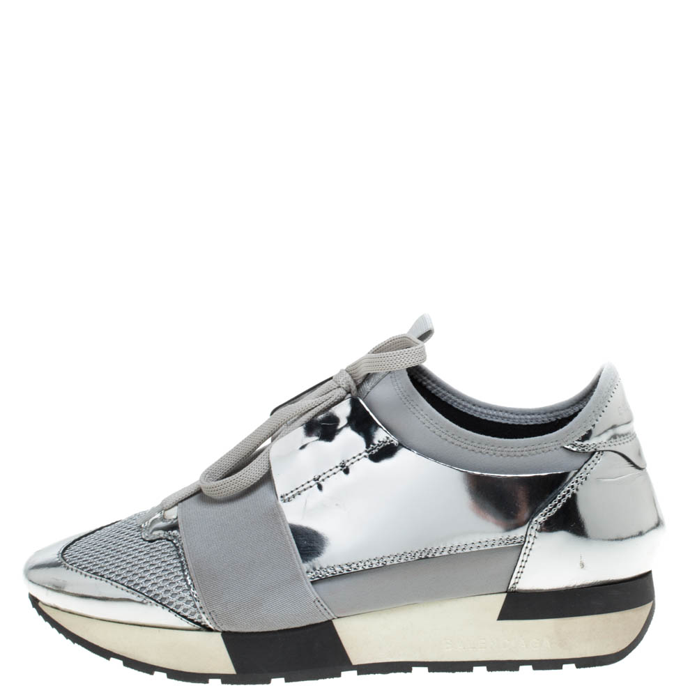 

Balenciaga Silver/Grey Leather And Mesh Race Runner Low Top Sneakers Size