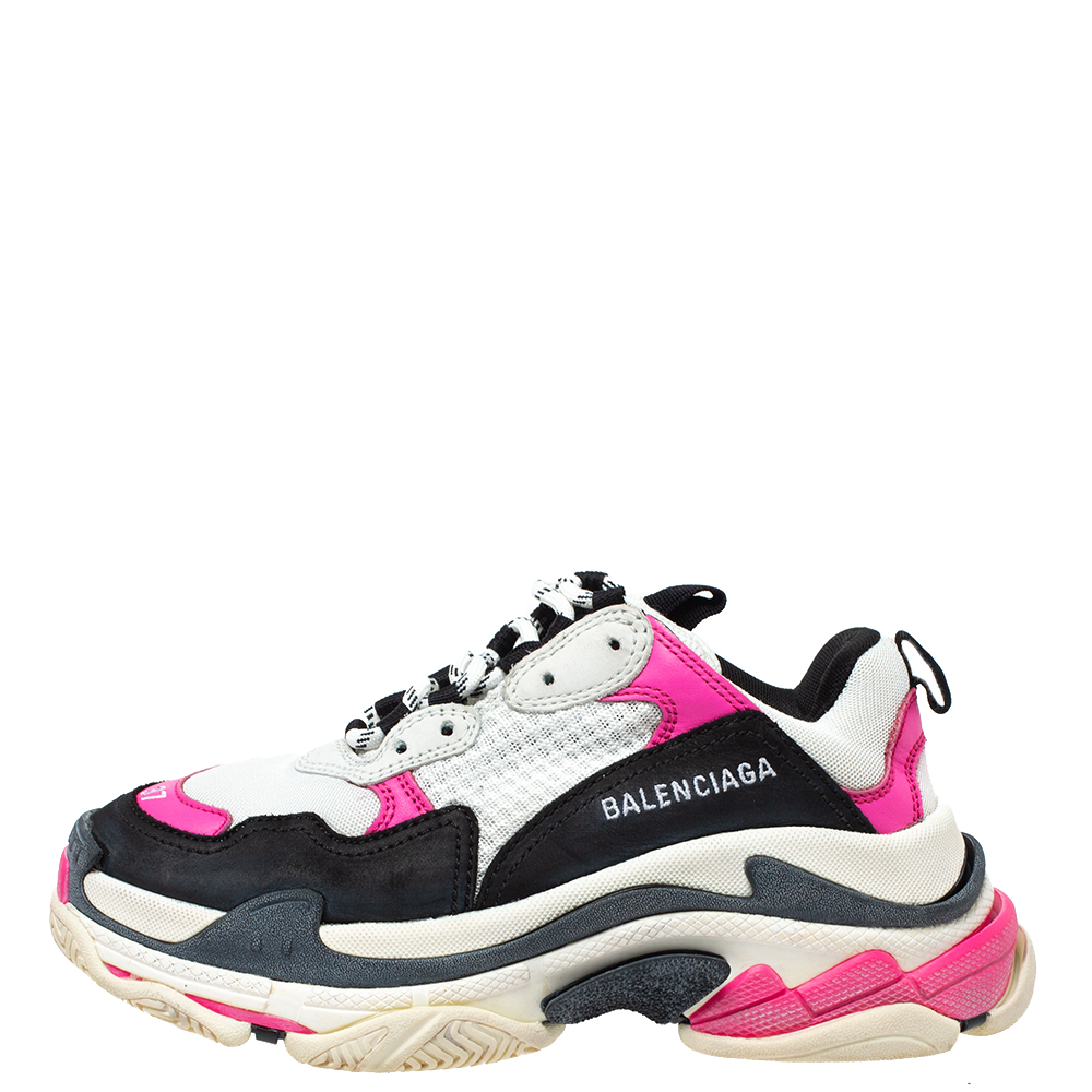 

Balenciaga Pink/Black Leather And Mesh Triple S Lace Up Sneakers Size