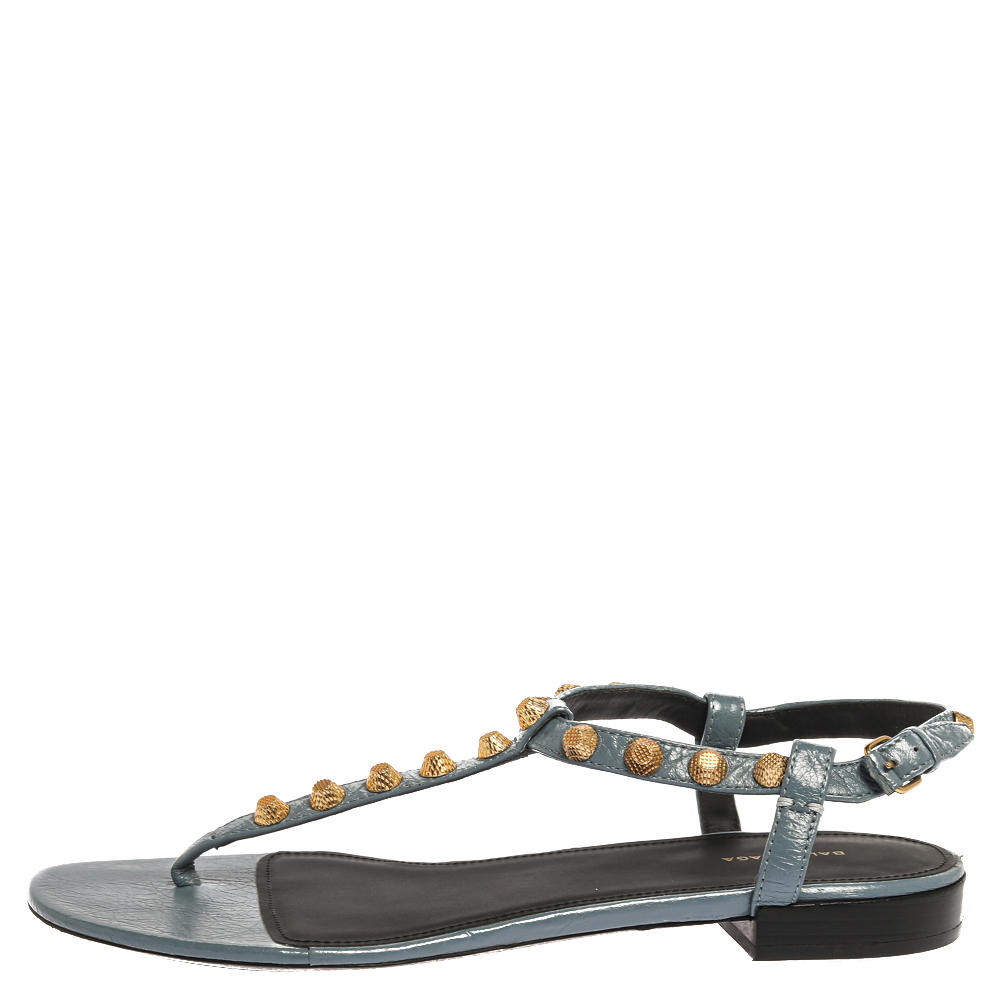 

Balenciaga Grey Leather Studded Thong Flat Sandals Size