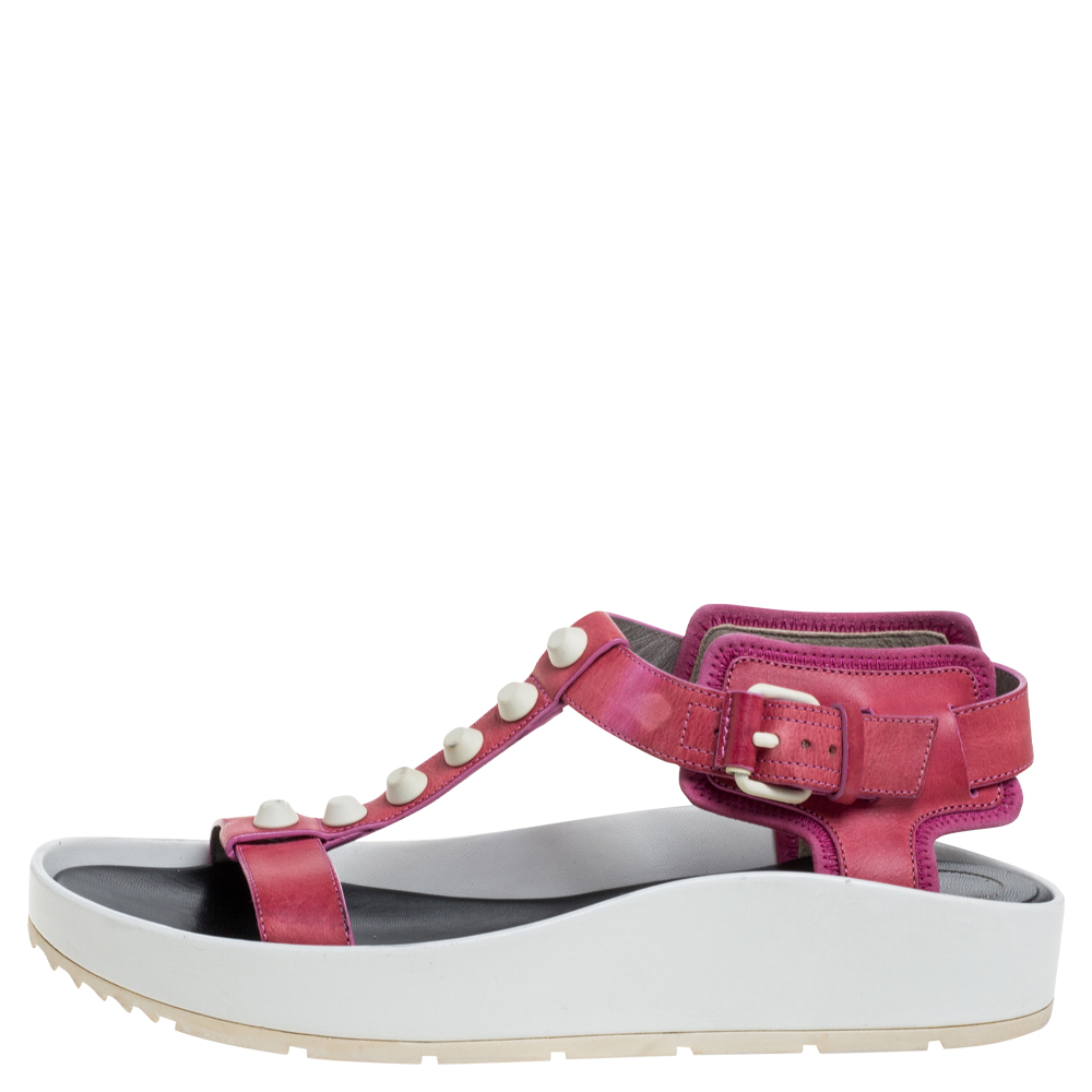 

Balenciaga Pink Studded Leather T-Strap Platform Sandals Size