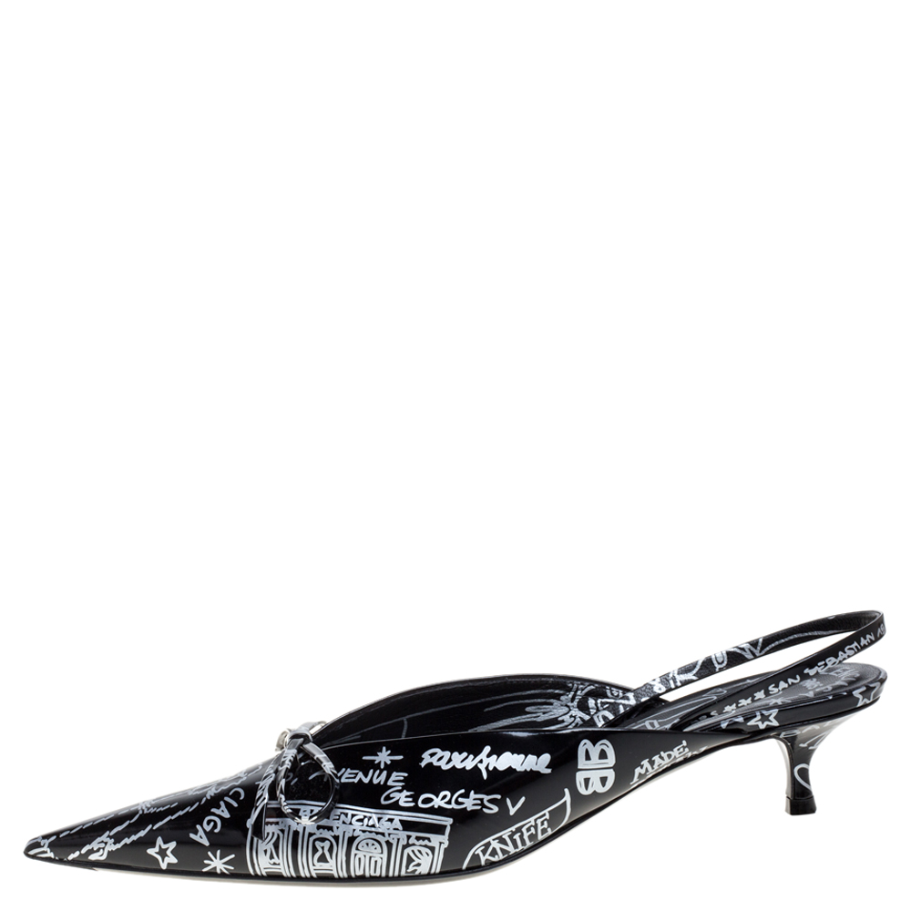 

Balenciaga Black Leather Graffiti Knife Slingback Pumps Size