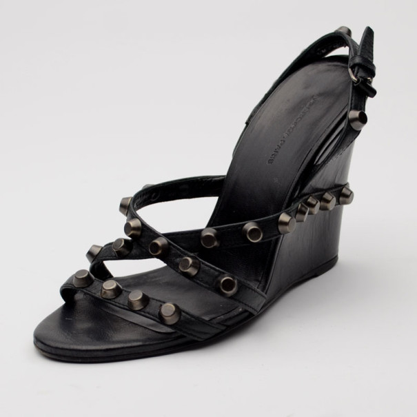 Pre Owned Balenciaga Black Studded Wedges Size 38.5