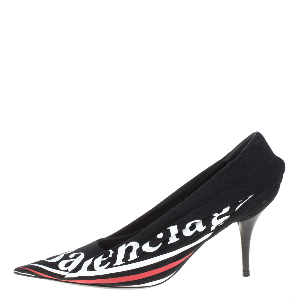 

Balenciaga Black Fabric And Leather Knife Logo Pointed Toe Pumps Size