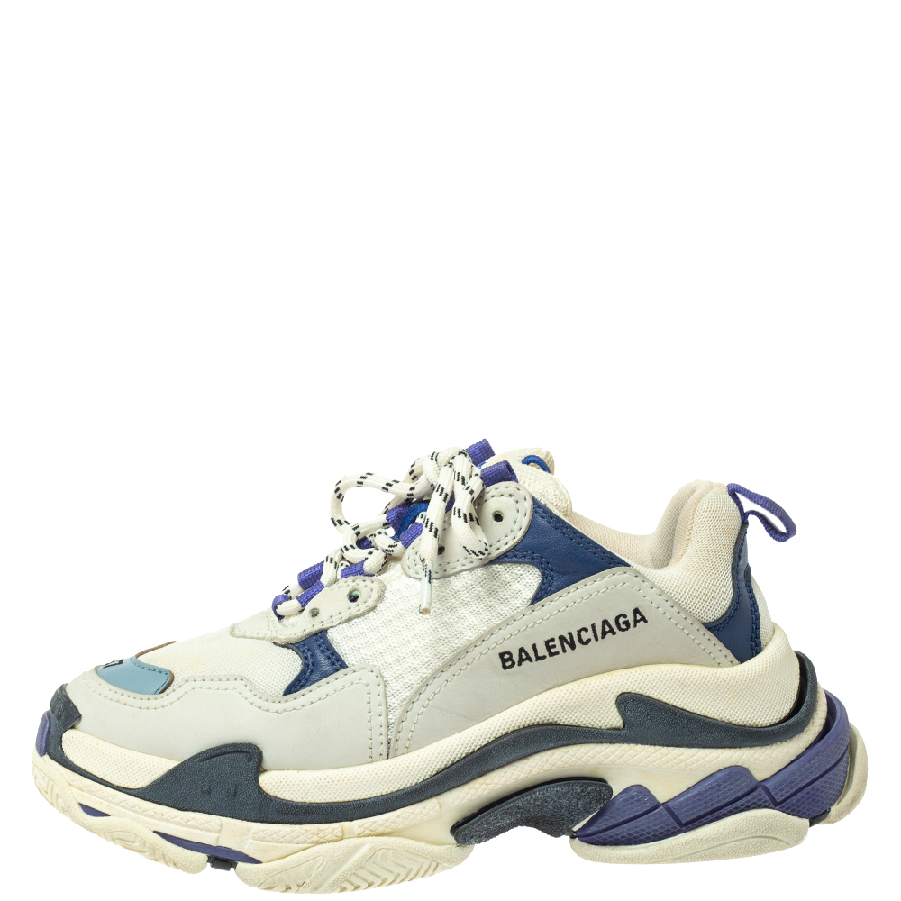 

Balenciaga White/Blue Mesh And Leather Triple S Low Top Sneakers Size