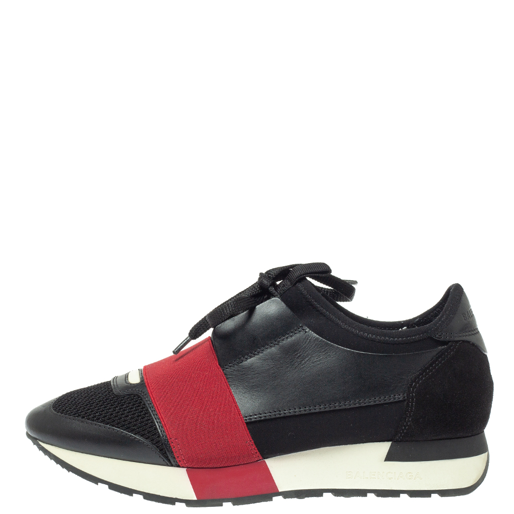 

Balenciaga Black/Red Mesh And Leather Race Runner Low Top Sneakers Size
