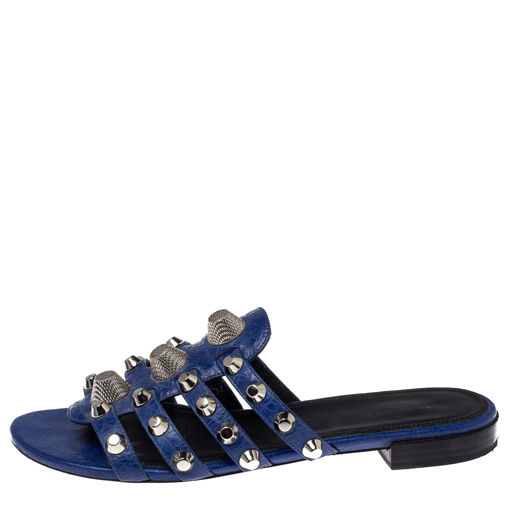 

Balenciaga Blue Leather Studded Caged Flat Slides Size