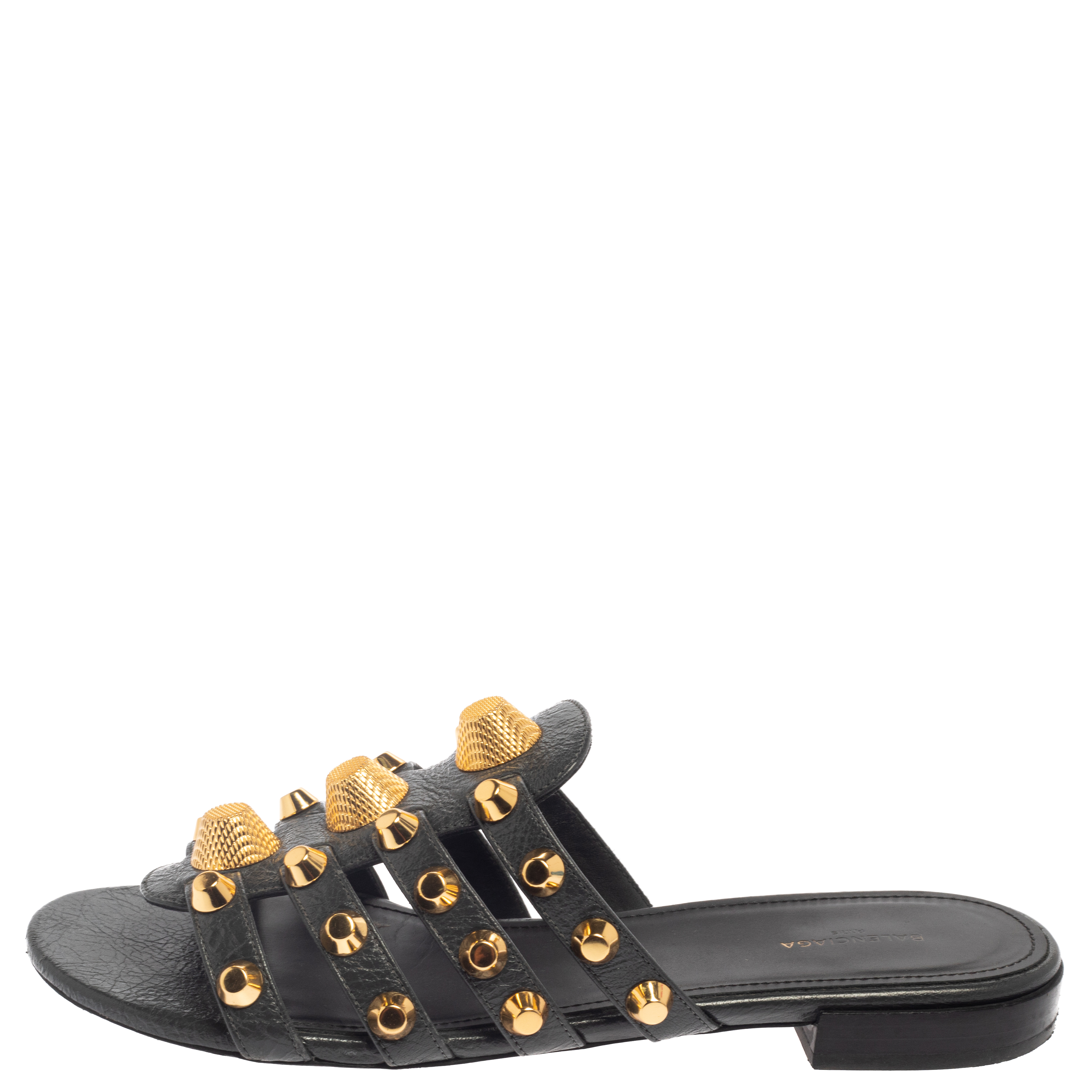 

Balenciaga Gray Leather Studded Caged Flat Slides Size, Grey