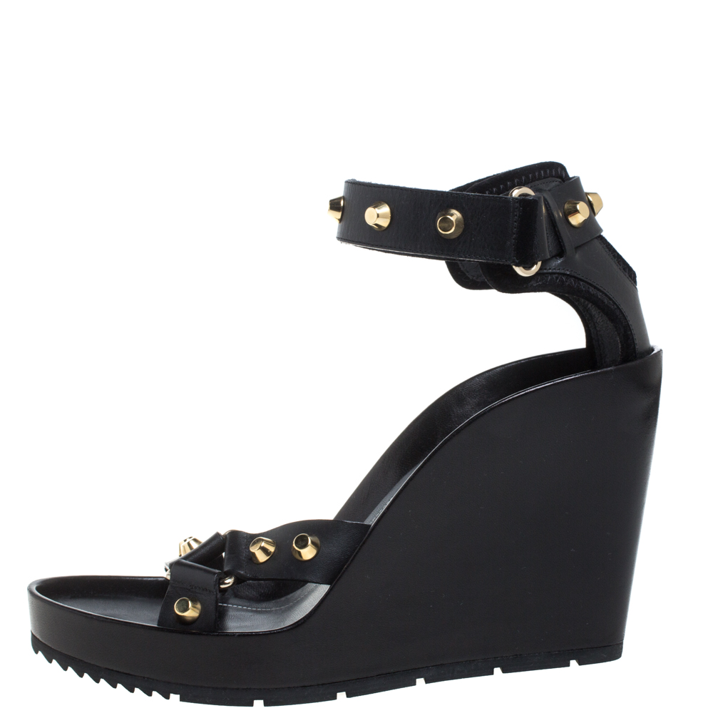 

Balenciaga Black Leather Studded Wedge Sandals Size