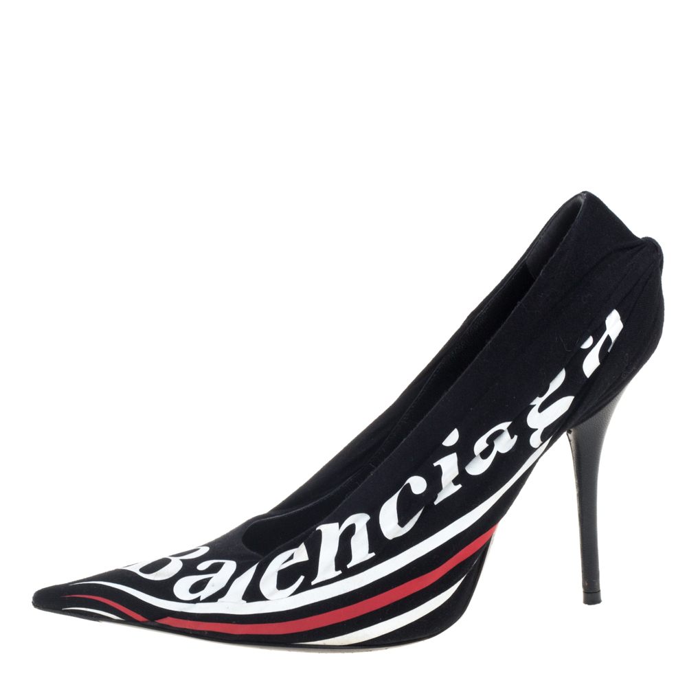 

Balenciaga Black Fabric And Leather Knife Logo Pointed Toe Pumps Size