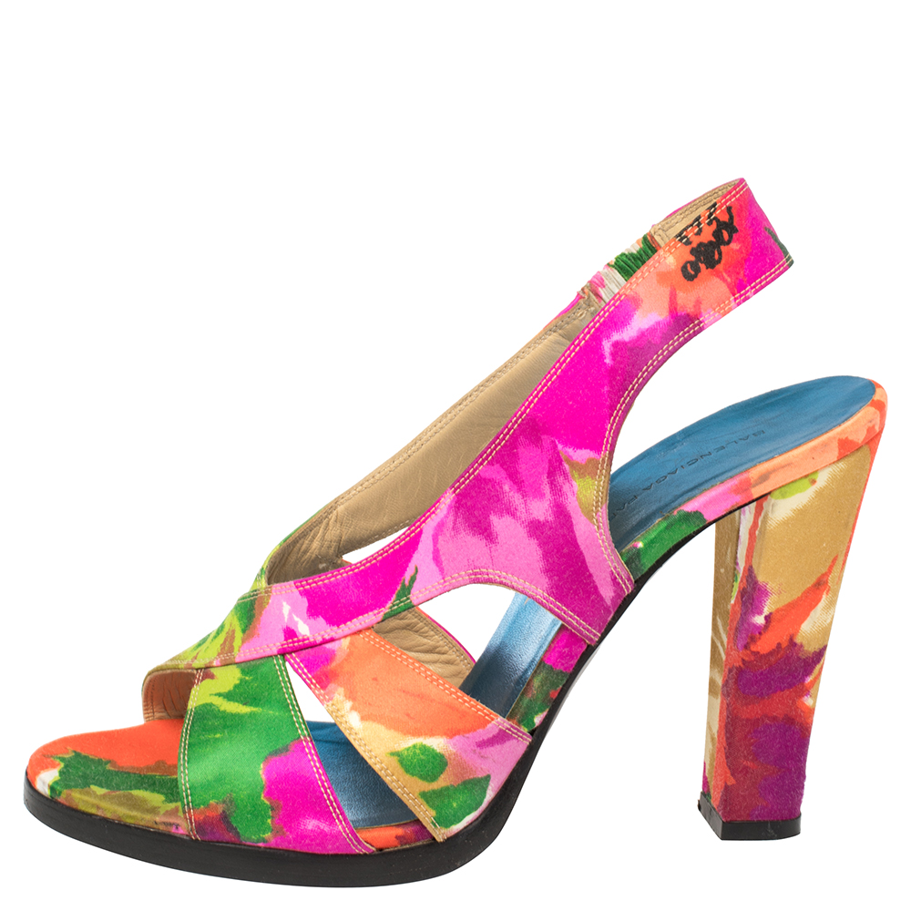 

Balenciaga Multicolor Printed Satin Slingback Open Toe Sandals Size