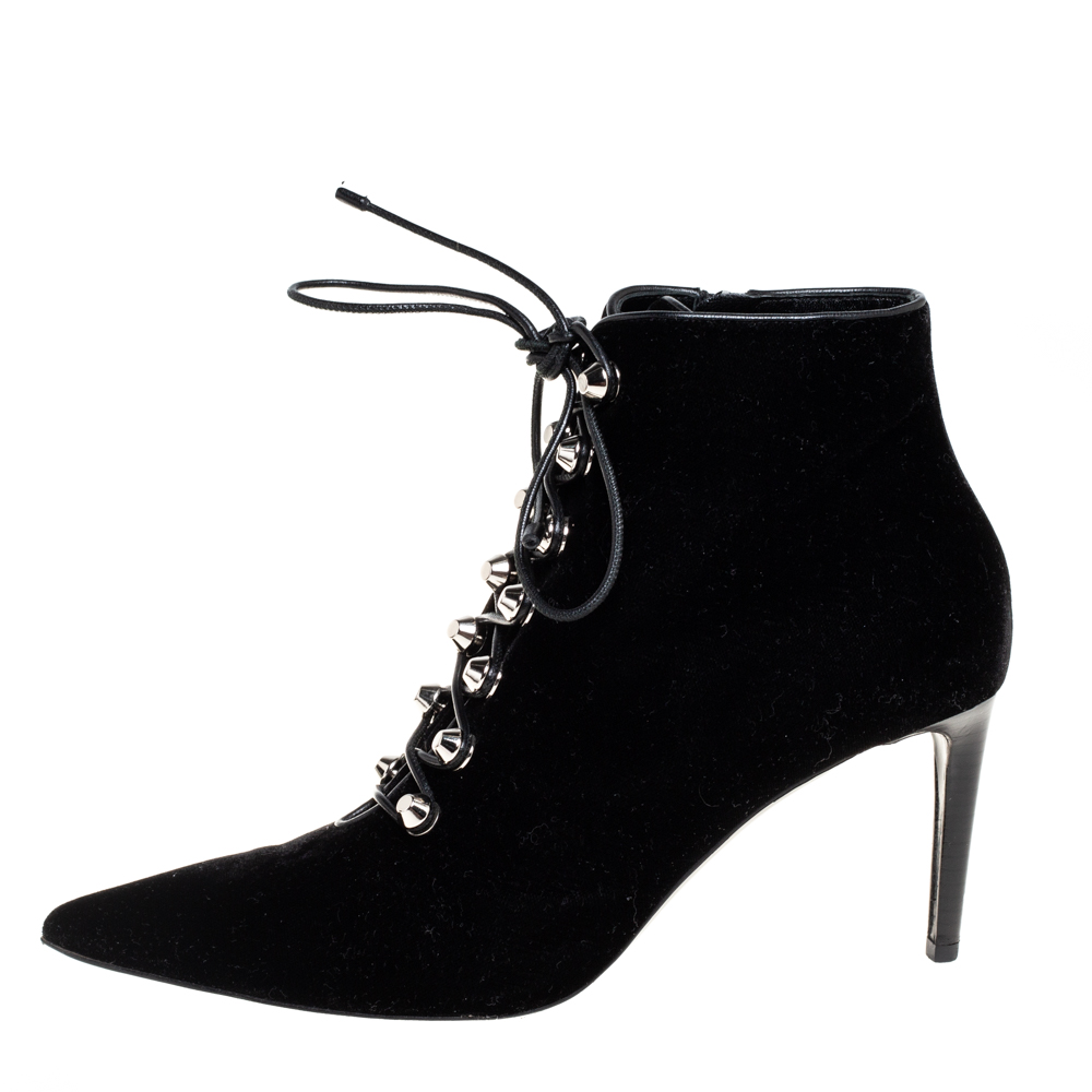 

Balenciaga Black Velvet Pointed Toe Lace Up Ankle Boots Size