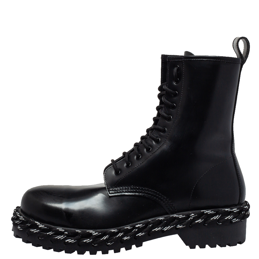 

Balenciaga Black Leather Rope Stitched Combat Ankle Boots Size