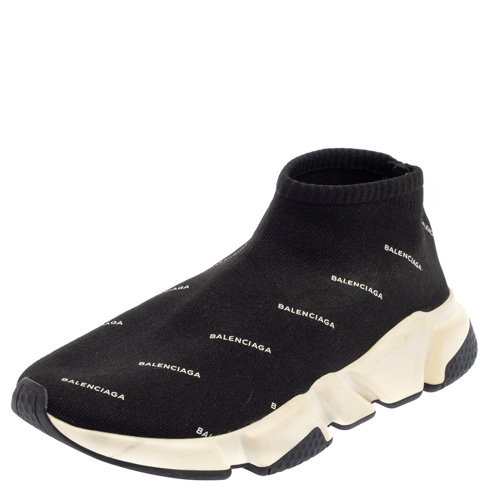 Pre-owned Balenciaga Black Knit Fabric Speed Logo Sneakers Size 38