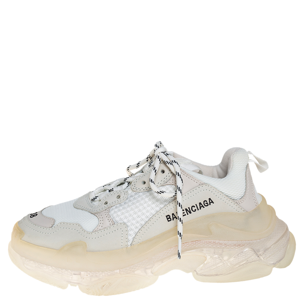

Balenciaga White Mesh And Leather Triple S Clear Sole Platform Sneakers Size