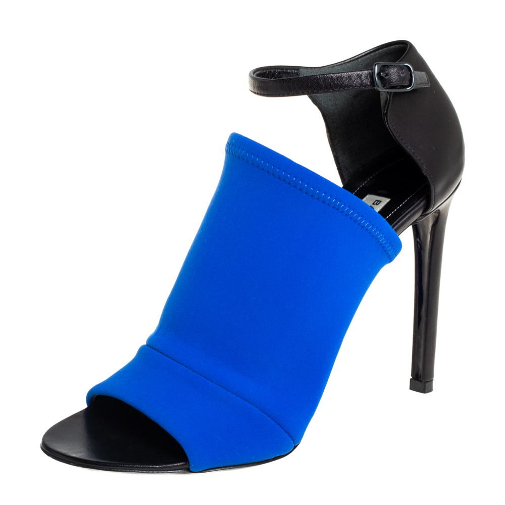 Pre-owned Balenciaga Blue/black Neoprene And Leather Glove Ankle Strap Sandals Size 36