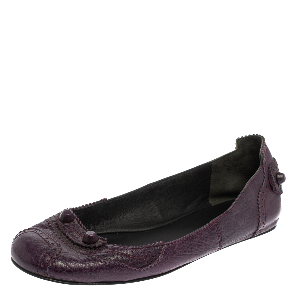 Pre-owned Balenciaga Purple Leather Coquelicot Brogue Ballet Flats Size 38.5